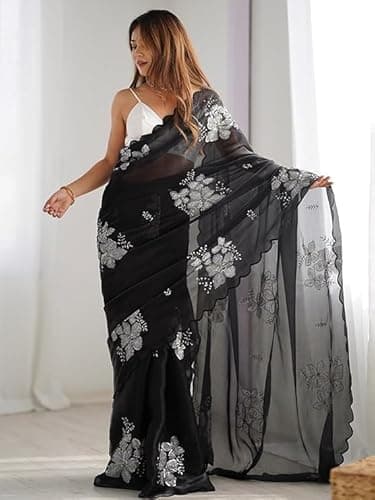 Flosive Women's Shimmer Organza Sequence Embroidery Saree With Unstitched Blouse Piece (BLACK) 4