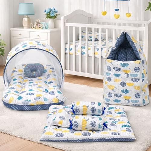 Infantbond Designer Mattress with Net | Baby Sleeping Bag | Carry Bed (0-6 Months) (Grey)