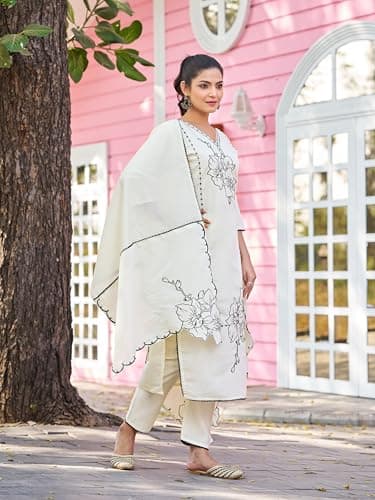 SWORNOF Kurta Set for Women with Dupatta | Premium Cotton Blend Solid Kurta Set for Women with Dupatta | Thready Work | Soft and Skin Friendly | Kurta Pant Set (WHITE, M) 4