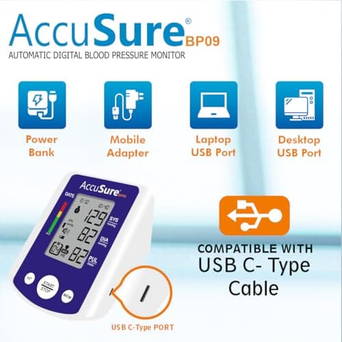 AccuSure BP09 Digital Blood Pressure Monitor – Automatic Upper Arm BP Machine for Home Use, Large Display, WHO Indicator, Dual User Memory, Adjustable Cuff (22–40 cm), USB Type-C & Battery Powered | 2 4