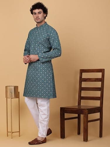 KRAFT INDIA Men Cotton Floral Gold Print Ethnic motif Green Knee Length Kurta With White Elastic Waistband Pyjama Set (Size- Small) 3