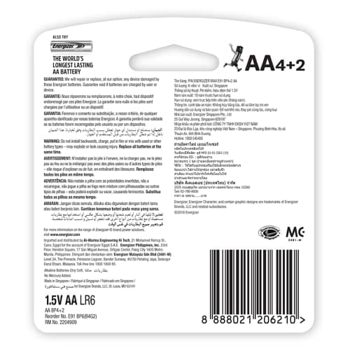 Energizer Max Alkaline AA Batteries - Long-Lasting 1.5V Power, Leak-Proof Design, Pack of 4+2 5