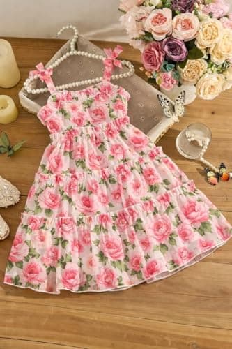 Buy & Try Girls Printed Georgette Frock, Sleeveless Summer Dress, Lightweight Knee Length Baby Girl Dress, Casual Outfit, Soft Comfortable Fabric, Stylish Kids Wear 4-5 Years (Rose) 2