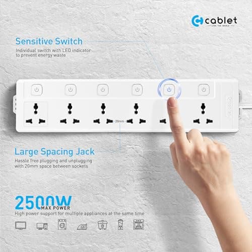 Cablet Extension Board 2500W 10A | 6 Universal Multi Plug Socket with Individual Switches | 4.5 Meter Heavy Duty Cord | LED Indicator, Power Strip & Spike Guard for Home & Office Use 2