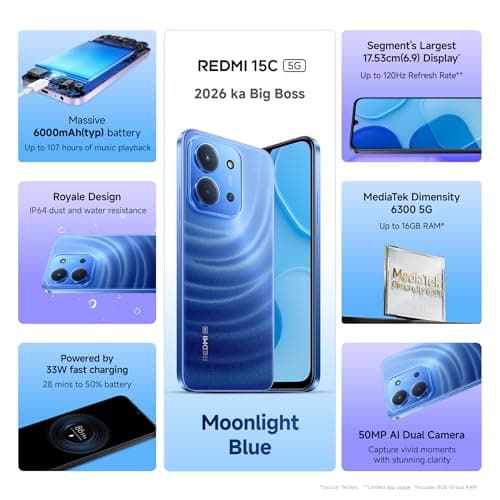 REDMI 15C 5G Moonlight Blue 6GB + 128GB | Royale Design | Massive 6000mAh Battery | Segment's Largest Display 17.53cm Up to 120Hz | MediaTek Dimensity 6300 | 33W Fast Charging | 50MP AI Dual Camera 3