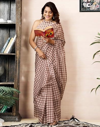 SIRIL Women's Chanderi Cotton Printed Ready to Wear with Pocket Saree with Unstitched Blouse Piece (47RS436_Brown) 3