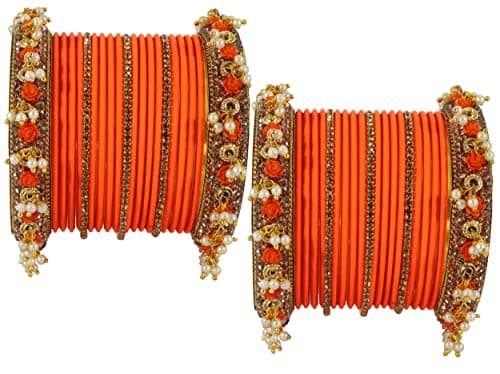 NMII Metal with Base Metal and Studded with Zircon Gemstone and Pearl linked Latkan Pattern Chuda set for Women/Girls, (Orange_2.6 Inches), Pack Of 42 Bangles 2