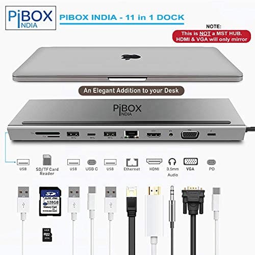 PIBOX India, 11 in 1 USB C Dock Adapter Type C Hub, 3X USB 3.0, Ethernet, VGA, 4K HDMI Port,SD/TF Card Reader,PD Charging Port and 3.5mm Audio for MacBook, Thunderbolt 3.0 laptops 3