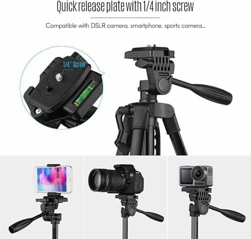 NAFA 3366 Aluminum Tripod (55-Inch), Universal Lightweight Tripod with Mobile Phone Holder Mount & Carry Bag for All Smart Phones, Gopro, Cameras 2