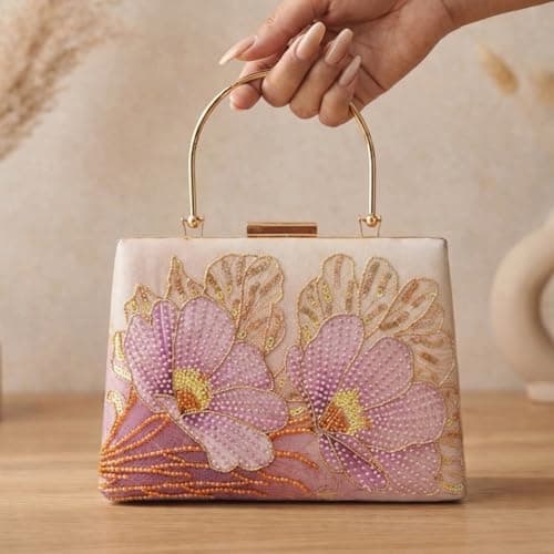 Artklim Printed Blush Pink Embroidery Bag for Women with Detachable Chain Strap | Designer Wedding Festive Evening Handbag 2