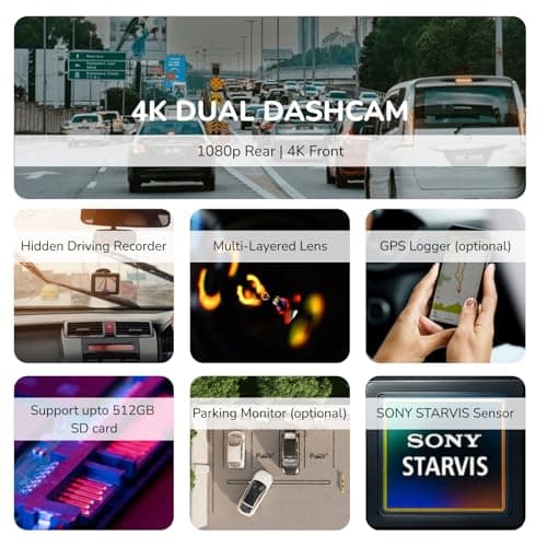 Fleettrack F9 Dual DashCam for Car | 4K Front + 1080P Rear | Sony STARVIS IMX335 | 5.8GHz WiFi | 1.47” IPS Display | G-Sensor | Parking Mode | 140° Wide Angle | 512GB Support 4
