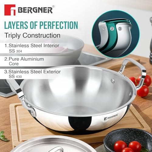 BERGNER TriPro Tri-Ply Stainless Steel 24cm (3 L) Deep Kadai/Kadhai with Stainless Steel Lid, Durable Stay Cool Handles, Healthy Cooking, Less Oil Use, Easy to Clean - Induction and Gas Stove Ready 5