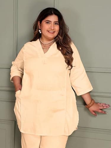 TITTLI Women Plus Size Cotton Silk Co-Ord Set | V-Neck Tunic & Trouser Set | Princess Cut Top with Pockets | Elastic Waist Trousers | 3XL to 8XL | Plus Size Casual Wear Outfit Cream 2