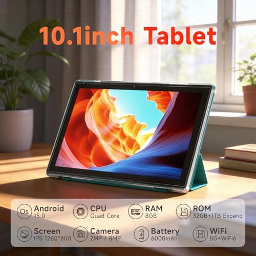 10.1 Inch Android 15 Tablet, 8GB RAM 32GB Storage, HD IPS Display, 5G WiFi 6 ,6000mAh Battery, Dual Camera for Video Call, Tab with Case & Stylus Pen for Work/Study tablet with case (Navy blue) 2