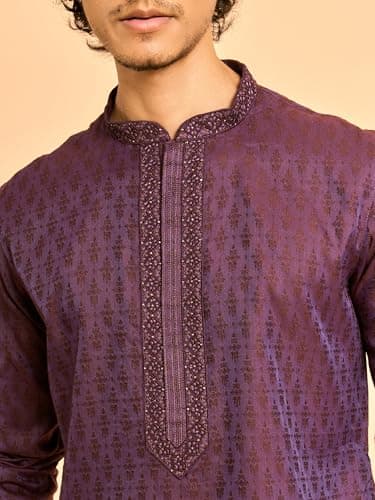 DIWAS BY MANYAVAR Men's Viscose Blend Neck Embroidered Self Design Kurta (Purple,L) 3