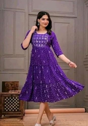 Women's Anarkali Kurti, Floral Printed Pink Tiered Gown with Embroidered Yoke, 3/4 Sleeves (in, Alpha, 2XL, Purple-Kurta) 5