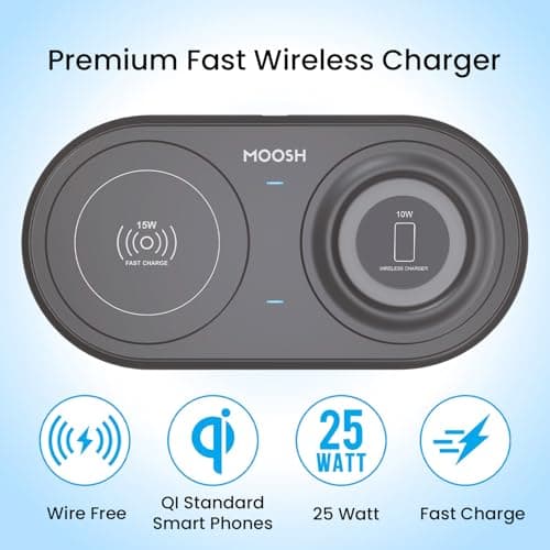 MOOSH Quick Charge Dual Wireless Charging Pad 25W Qi-Certified Charger Pad for Smart Phones Charge While Listening to Music, Streaming Videos, & Video Calls (Black) 2