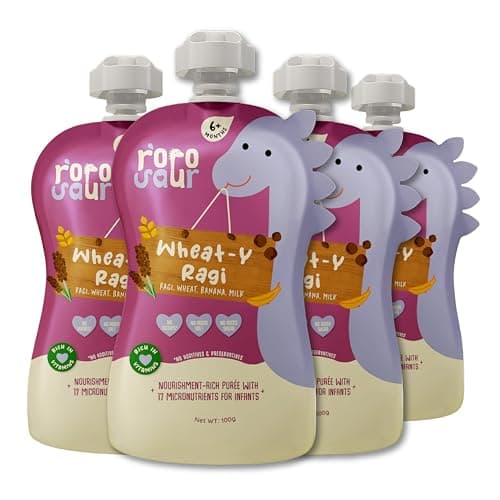 Rorosaur Ready to Eat Wheaty Ragi Baby Food Puree Pouch 100g Each, Pk of 4| Made with Ragi, Wheat, Banana Porridge for 6+ Months Baby |Easy to Digest, 100% Natural Healthy, No Preservatives, No Sugar