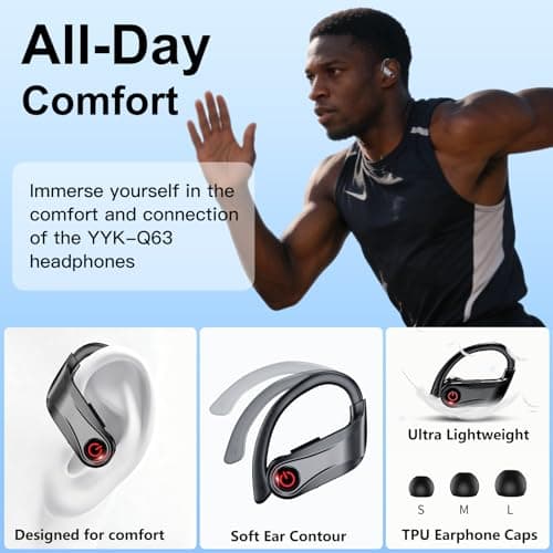 2026 Wireless Earbuds 120hrs Bluetooth 6.1 Headphones Sports Ear Hook with Mic, Noise Canceling Ear Buds with Charging Case, Easy Button Controls Dual LED Display Case Sweat and Water Resistant Black 3
