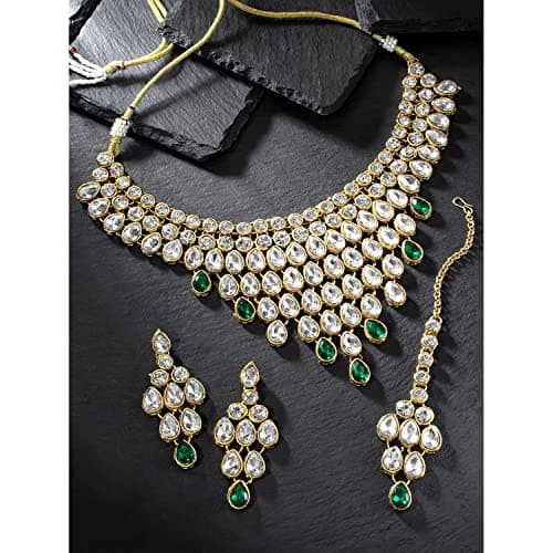 Peora Gold-plated Brass and Kundan Jewellery Set With Earrings Mang Tika for Women & Girls (Green) 2
