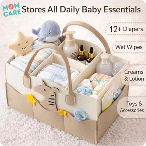 MOM CARE Baby Diaper Organizer Caddy | Nursery Storage Basket with Removable Dividers & 11 Pockets | Portable Baby Essentials Organizer for Diapers, Wipes, Bottles | Felt Diaper Storage Bag – Brown 5
