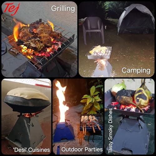 Tej BioStove & Barbecue Grill | Booster Combo of Portable Home, Balcony BBQ & Outdoor Camping Stove| MultiFuel Wood, Charcoal, Pellets | Smoke less, Quick Start, High Heat Tech| MultiUSE| Strong Steel 5