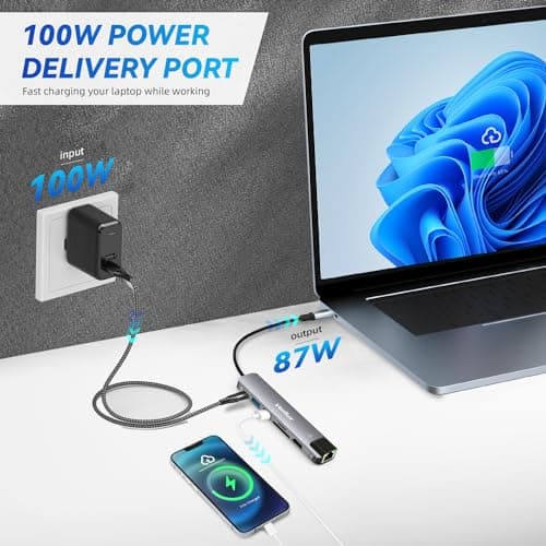 Verilux® USB Hub for Laptop with Ethernet RJ45 7 in 1 USB Type C Hub with 4K@60Hz HDMI for Nintendo Switch 2 SD/TF Card Reader PD Charge Multi USB 3.0 Port for MacBook iPhone 17 with 24CM Cable 4