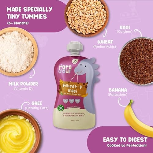 Rorosaur Ready to Eat Wheaty Ragi Baby Food Puree Pouch 100g Each, Pk of 4| Made with Ragi, Wheat, Banana Porridge for 6+ Months Baby |Easy to Digest, 100% Natural Healthy, No Preservatives, No Sugar 3