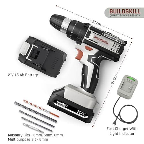 BUILDSKILL 21V Cordless Drill Machine for Home Use | Impact Drill with 10MM Keyless Chuck | 1.5 Ah Single Battery | Charger | Variable Speed | LED Light | Forward & Reverse Motion | 6 Months Warranty 3