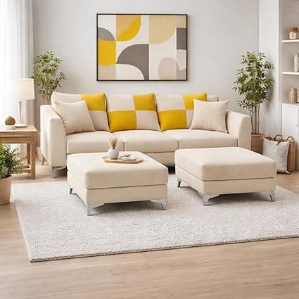 Romeo Rich Velvet Suede 3 Seater Sofa Set with 2 Ottomans | Golden Aesthetic Legs | Spacious Soft Touch Comfort Seating | Modern Sofa for Living Room (Cream)
