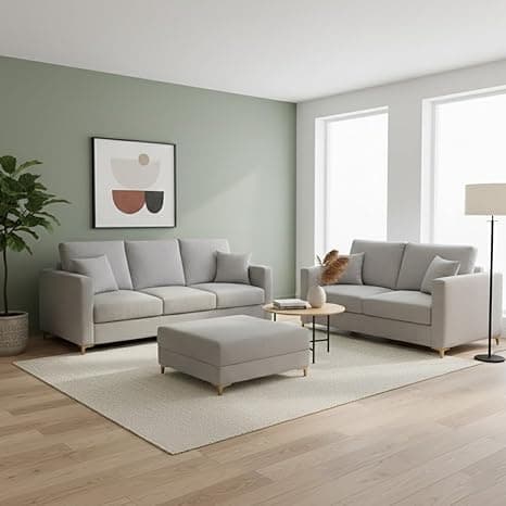 Hayes Rich Velvet Suede 3 Seater + 2 Seater Sofa Set with Ottoman | Golden Aesthetic Legs | 6 Person Seating Capacity | Spacious Soft Touch Comfort | Modern Living Room Sofa (Light Gray)