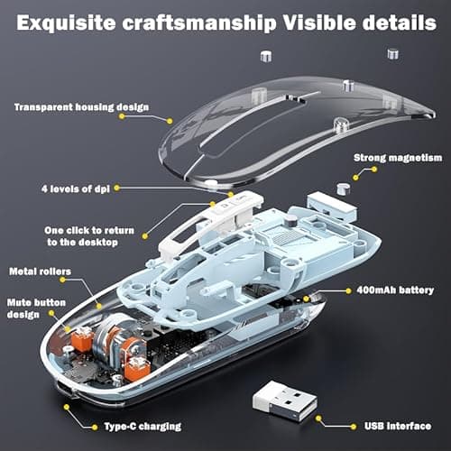 Arctic Fox Pureview Transparent Wireless and Bluetooth Rechargeable Mouse, USB Receiver,LED Battery Magic Silm for Office/PC/Mac/Laptop/Apple/ipad(Space Gray) 6