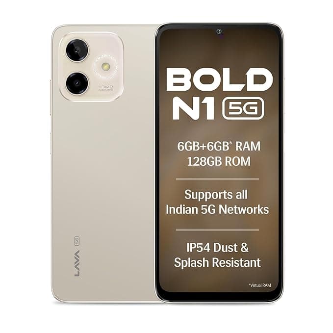 Lava Bold N1 5G (Champagne Gold, 6GB RAM, 128GB Storage) |Bigger 6.75" HD+ Notch Display | Octacore 5G Processor | 13 MP AI Camera |5000 mAh Battery| IP54 Rated Dust & Water Splash Proof