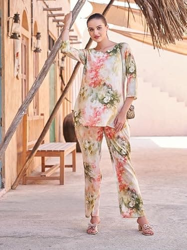 TITTLI Rayon Fabric All Over Printed Round Neck Tunic & Trouser Co-Ord Set for Women | Three-Quarter Sleeves & Elastic Waist Bottom | Casual Wear | L, XL, XXL, 3XL | Co-Ord Set Yellow 5