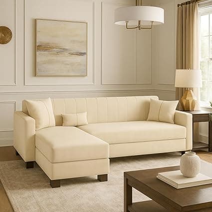 SOCOZI Almeria 4 Seater LHS L Shape Sofa Set | Soft Velvet Suede Fabric | Modern Design | Plush Comfort Cushions for Living Room (Cream)