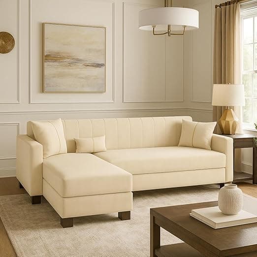 SOCOZI Almeria 4 Seater LHS L Shape Sofa Set | Soft Velvet Suede Fabric | Modern Design | Plush Comfort Cushions for Living Room (Cream)