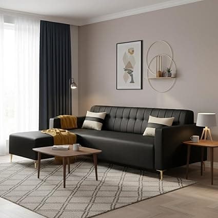 SOCOZI Anton 3 Seater Modular L Shape Sofa Set with Ottoman |Premium Leatherette Fabric with Golden Metal Legs | Modern Design | Plush Comfort Cushions for Living Room (Black Leatherette)
