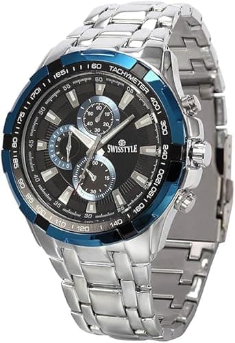 SWISSTYLE Black Chain Chrono Look Analog Watch for Men (Blue Silver)