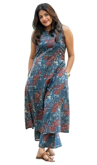 Klosia Women Pure Cotton Kurta Palazzo Set | Sleeveless Printed Kurta with Palazzo Pants | Summer Friendly, Office Wear Co-Ord Set