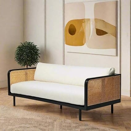 Solid sheesham Wood Wooden 3 Seater Sofa for Living Room with White Cousins seat - Rattan Sofa Elegant Triplet Seat Sofa (Walnut Finish)