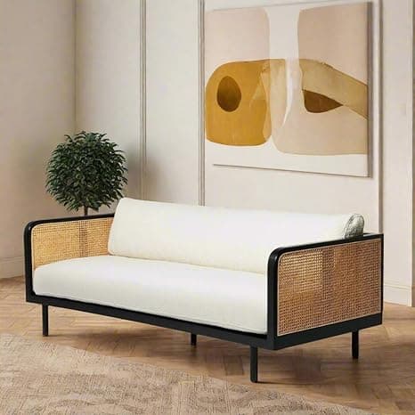 Solid sheesham Wood Wooden 3 Seater Sofa for Living Room with White Cousins seat - Rattan Sofa Elegant Triplet Seat Sofa (Walnut Finish)