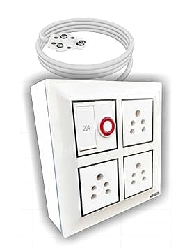 K🗲RISHTI Electrical Multi Outlet Extension Board with 20A Switch, 3 Pin Sockets, Red Light Indicator, 100% Brass Equipment, Porcelain Ceramic Build (1, 8 Meter, 2 Core, 1.5 MM Cable) (8 mtr)