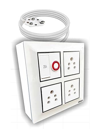 K🗲RISHTI Electrical Multi Outlet Extension Board with 20A Switch, 3 Pin Sockets, Red Light Indicator, 100% Brass Equipment, Porcelain Ceramic Build (1, 8 Meter, 2 Core, 1.5 MM Cable) (8 mtr)