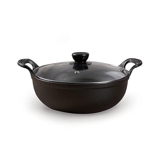 HomeEssentials Cast Iron Kadai with Glass Lid | Pre-Seasoned Iron Wok with Handles & Flat Base | Uncoated Kadai for Cooking | Compatible with Induction, Gas & Electric Stoves (25cm)