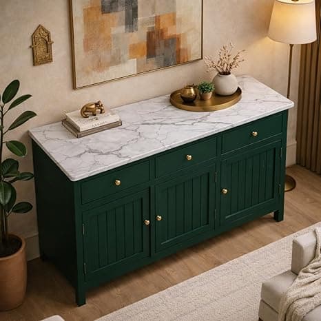 Solid Wood Madrid 3 Door Sideboard Cabinet with Sintered Stone Top for Living Room | Acrylic Emerald Green Finish | 130x40x80 cm