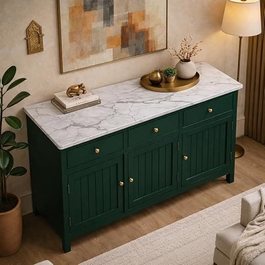 Solid Wood Madrid 3 Door Sideboard Cabinet with Sintered Stone Top for Living Room | Acrylic Emerald Green Finish | 130x40x80 cm