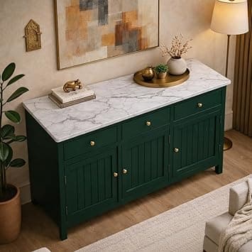 Solid Wood Madrid 3 Door Sideboard Cabinet with Sintered Stone Top for Living Room | Acrylic Emerald Green Finish | 130x40x80 cm