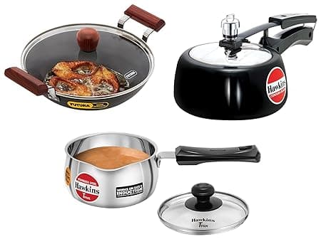Hawkins Contura Pressure Cooker, 1.5 Liters, Black & TPan Capacity 1 Litre, Thickness 0.9 mm, Silver & Round Bottom 3.25 mm Thickness Kadhai (Capacity 2.5 litre, Diameter 25 cm, Black)