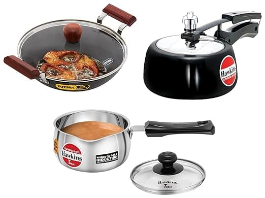 Hawkins Contura Pressure Cooker, 1.5 Liters, Black & TPan Capacity 1 Litre, Thickness 0.9 mm, Silver & Round Bottom 3.25 mm Thickness Kadhai (Capacity 2.5 litre, Diameter 25 cm, Black)