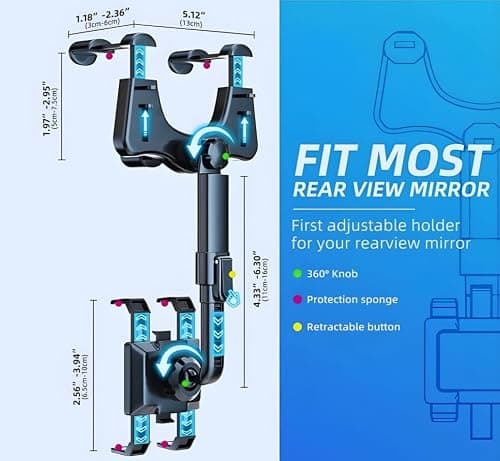 360° Rotatable & Retractable Rearview Mirror Phone Holder for Car | Universal Anti-Shake Smartphone Mount | Adjustable Multifunctional Car Phone Cradle for Safe Driving | Fits All iPhones & Androids 4